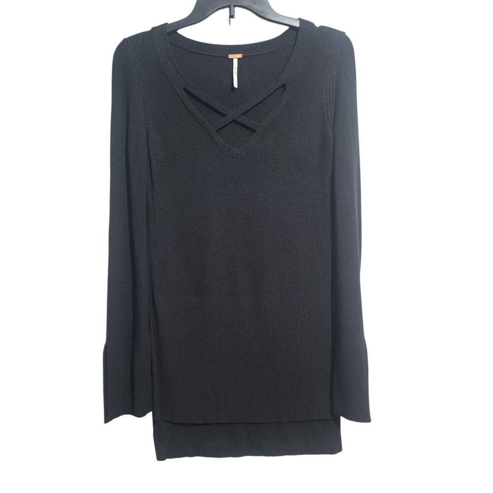 Free People Black Criss Cross V-Neck Tunic Sweater Dress Size XS